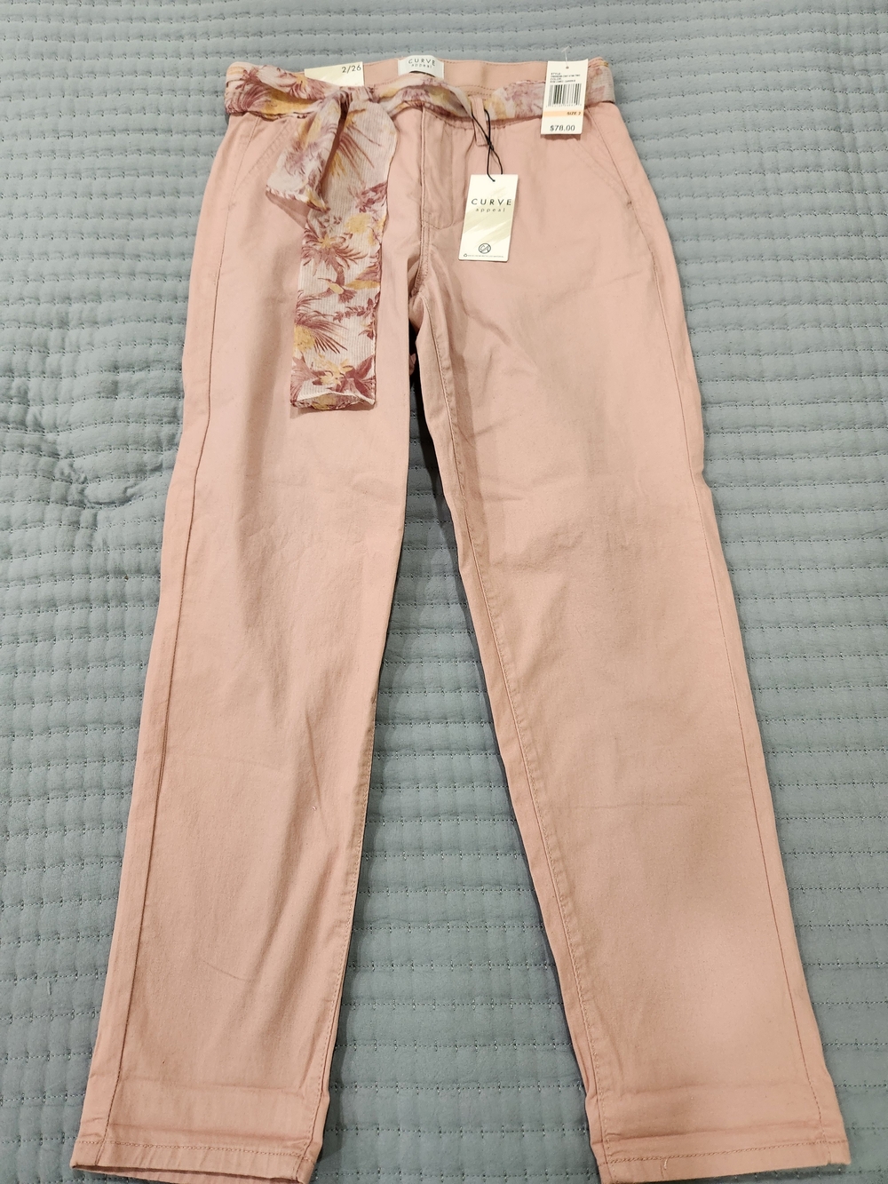 Curve Pink Straight-Leg Chinos with Floral Tie